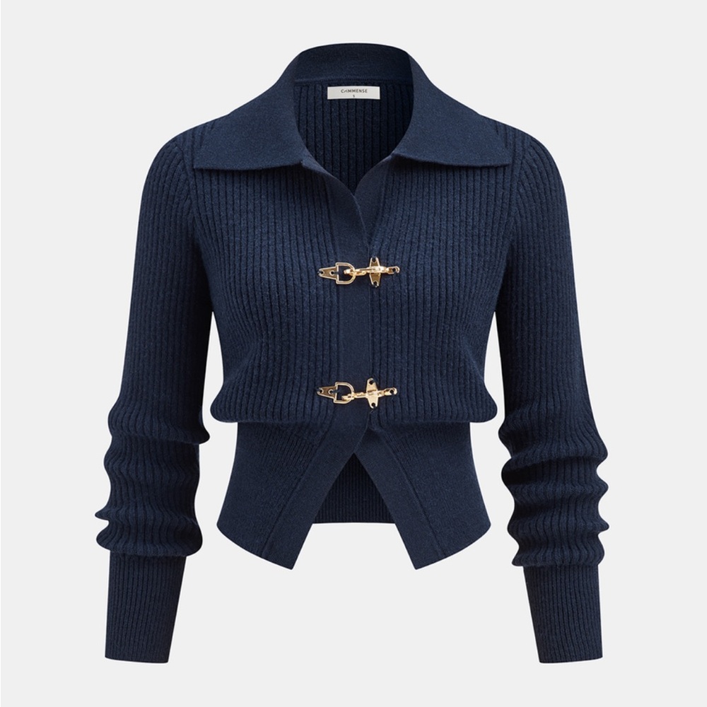 Commense Navy Ribbed Knit Cardigan with Gold Hardware